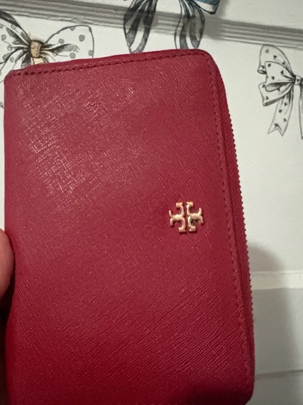 Tory Burch Red Zip-Around Saffiano Wallet with Gold Logo
